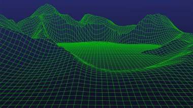 Abstract 3d wireframe landscape grid with text on color background. Vector illustration