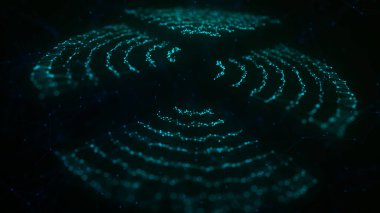 Dijital teknoloji geçmişi. Büyük Data görselleştirme. Parlayan parçacıkların dinamik dalgası. Soyut arkaplan. 3d oluşturma