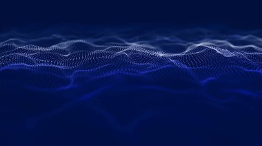 Parçacık dalgası. 3 boyutlu dalga. Soyut dijital manzara. Teknoloji geçmişi. resimleme.