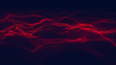 Parçacık dalgası. 3 boyutlu dalga. Soyut dijital manzara. Teknoloji geçmişi. resimleme.