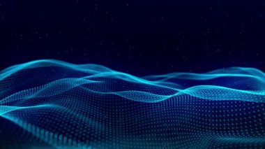 Dynamic wave of glowing particles. Abstract digital background. Data flow information. Concept of digital communication. Big data visualization. 3D rendering. 4k animation.