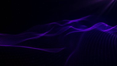 Parçacık dalgası. 3 boyutlu dalga. Soyut dijital manzara. Teknoloji geçmişi. resimleme.