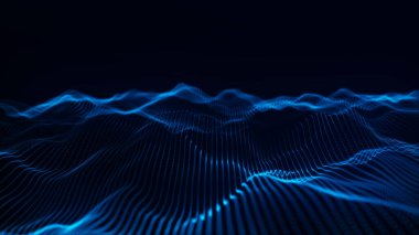 Parçacık dalgası. 3 boyutlu dalga. Soyut dijital manzara. Teknoloji geçmişi. resimleme.