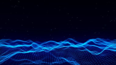 Karanlık arka planda gelecekteki noktalar. Renkli müzik dalgası. Büyük veri dijital kodu. Teknoloji mi yoksa Bilim Sancağı mı? 3B görüntüleme