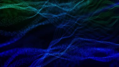 Parlayan parçacıkların dinamik dalgası. Dijital teknoloji geçmişi. Üç boyutlu aydınlatma parçacıklarının bilim kurgu arka planı veya modern soyut mavi arkaplan olarak yorumlanması. 4k animasyon