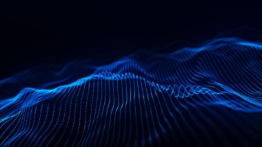 Parçacık dalgası. 3 boyutlu dalga. Soyut dijital manzara. Teknoloji geçmişi. resimleme.