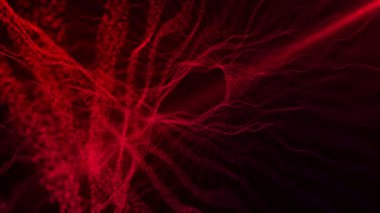 Parlayan parçacıkların dinamik dalgası. Dijital teknoloji geçmişi. Üç boyutlu aydınlatma parçacıklarının bilim kurgu arka planı ya da modern soyut arkaplan olarak yorumlanması. 4k animasyon.