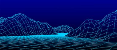 Soyut dijital manzara. Kablo çerçeveli peyzaj. 3d fütüristik vektör çizimi