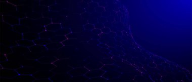 Geleceğin altıgen arka planı. Gelecekçi bal peteği konsepti. Parçacık dalgası. Veri teknolojisi geçmişi. 3 boyutlu görüntüleme. Vektör illüstrasyonu