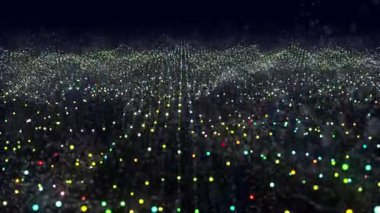 Parlayan renkli parçacıkların dinamik dalgası. Dijital teknoloji geçmişi. Soyut dijital parçacık dalgası. 3D görüntüleme. 4k animasyon.