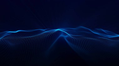 Parçacık dalgası. 3 boyutlu dalga. Soyut dijital manzara. Teknoloji geçmişi. 3B illüstrasyon.