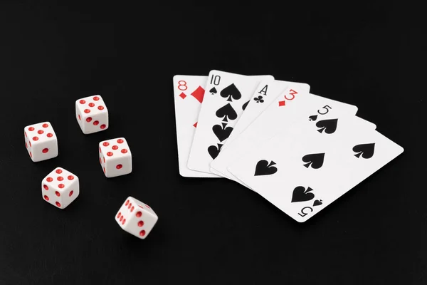 Red Black Dice Spread Playing Cards Black Background — 스톡 사진