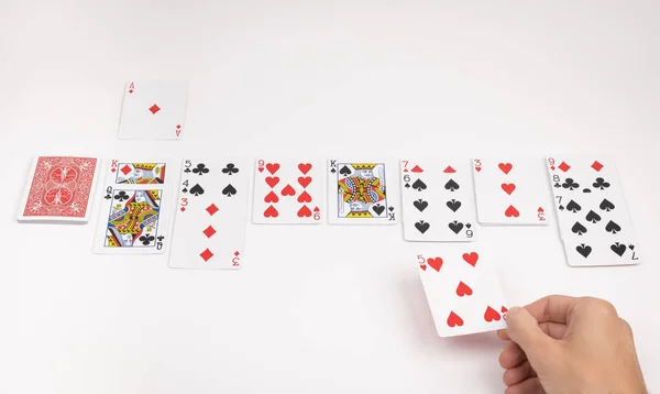 Person Playing Solitaire White Background Standard Playing Cards — 스톡 사진