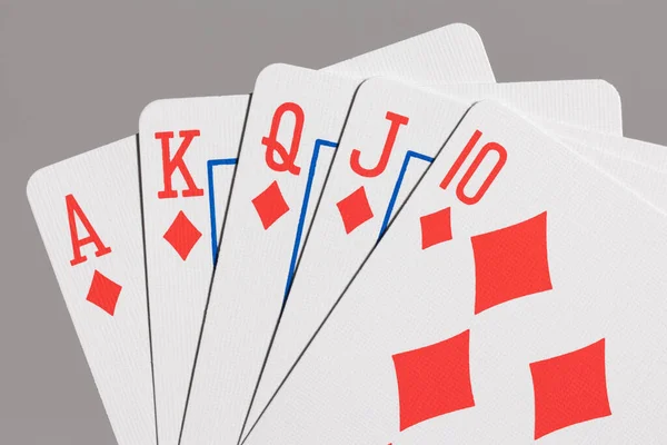 Close Mão Poker Mostrando Royal Flush Diamantes — Fotografia de Stock