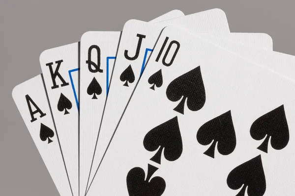 Close Poker Hand Showing Royal Flush Spades — 스톡 사진