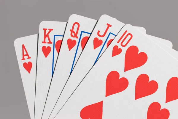 Close Poker Hand Showing Royal Flush Hearts — 스톡 사진
