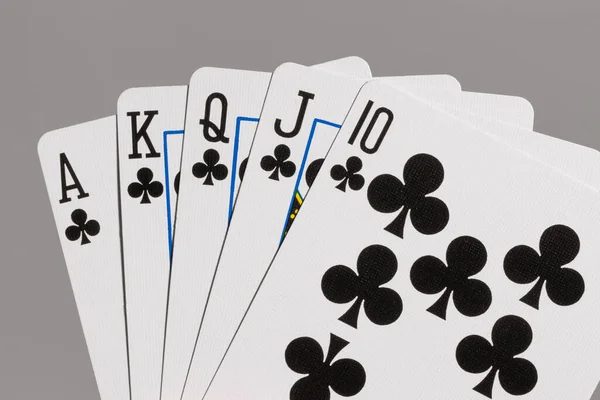 Close Poker Hand Showing Royal Flush Clubs — 스톡 사진