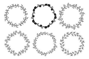 Çiçekli yuvarlak çerçeveler ve bitki silueti vektör çizimi