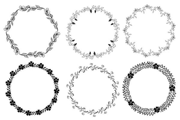 Çiçekli yuvarlak çerçeveler ve bitki silueti vektör çizimi