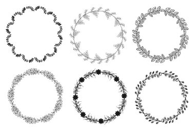 Floral round frames and plant silhouette vector illustration