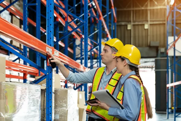 Male Female Supervisors Hold Document Checking Number Items Warehouse Responsible Stockbild