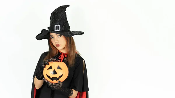 Asian Cute Beautiful Girl Black Orange Hair Halloween Make Posing — Fotografia de Stock