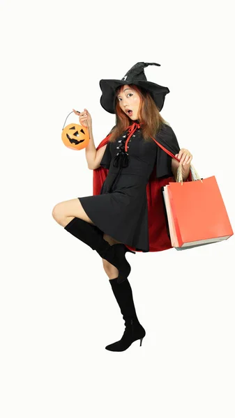 Beautiful Girl Black Dress Witch Hat Holding Pumpkin Shopping Bags — Fotografia de Stock