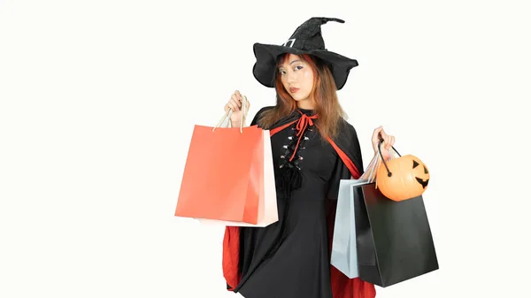 Beautiful Girl Black Dress Witch Hat Holding Shopping Bags Looking — Stock Fotó