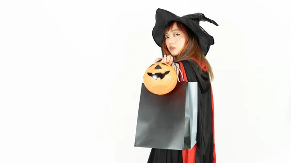 Asian Cute Beautiful Girl Black Orange Hair Black Dress Witch — 스톡 사진