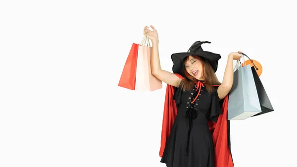 Beautiful Girl Black Orange Hair Black Dress Witch Hat Holding — Stock Fotó