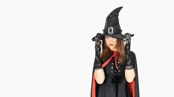 Belle Fille Costume Sorcière Chapeau Sorcière Est Sur Fond Blanc — Photo