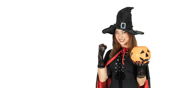 Portrait Happy Young Asian Woman Holding Pumpkin Halloween Day — Stock Photo, Image