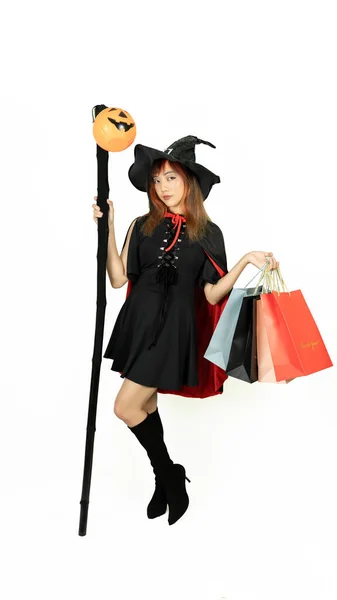 Beautiful Girl Black Orange Hair Black Dress Witch Hat Holding — Fotografia de Stock