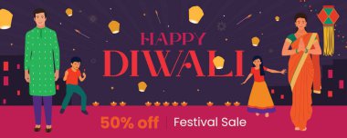 Hint Ailesinin İllüstrasyonlu Mutlu Diwali tipografisi Bayram afişini kutluyor