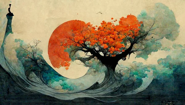 Asian style painting of a tree and nature in perfect balance with water and ecosystem