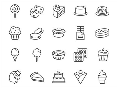 Tatlı, ince çizgi ikonları, fırın, pasta, tatlı, yemek.