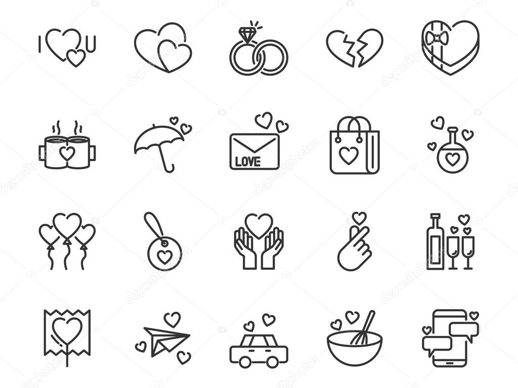 set of Valentine's day thin line icons, hearts, love, shape, romance, charity