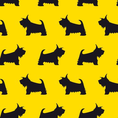 Sarı zemin üzerinde İskoç Teriyer silueti olan kusursuz bir desen..