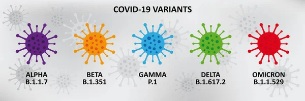 Covid-19 virüs varyantları posteri. Vektör çizimi. Koronavirüsün varyasyonları. Alfa, Beta, Gamma, Delta, Omicron.