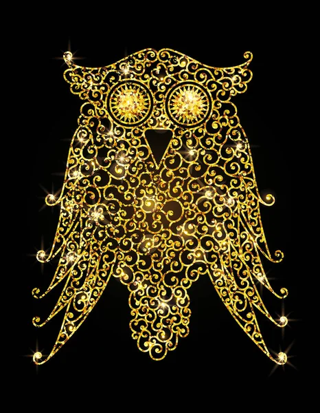 Красива Різьблена Сова Золотими Блискітками Чорному Тлі Сова Гойдалками Футболки — стоковий вектор