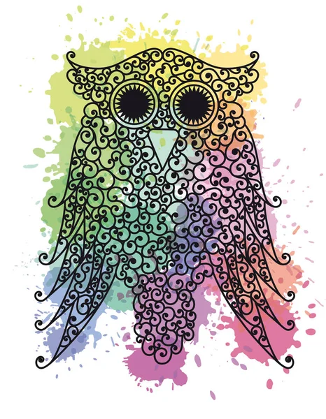 Beautiful Carved Owl Iridescent Watercolor Drops Owl Swirls Shirt Clothes — Stock Vector