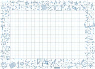 School background with hand-drawn school supplies. Frame with school supplies.