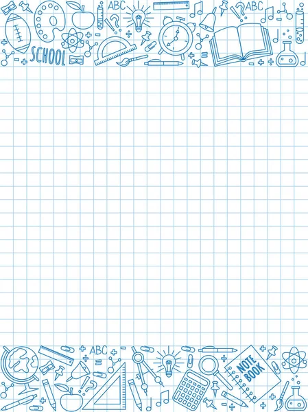 A sheet of paper with a notebook with doodle drawings of a school theme.