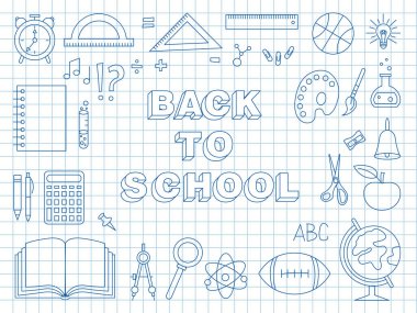 Back to school. Doodle drawing with a pen on a notebook sheet.