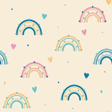 Cute pattern with pastel color rainbows. Rainbows with hearts and dots for clothes, wrapping paper.