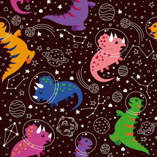 Cute Dinosaurs Space Space Background Dinosaurs Dark Background Wrapping Paper — 스톡 벡터