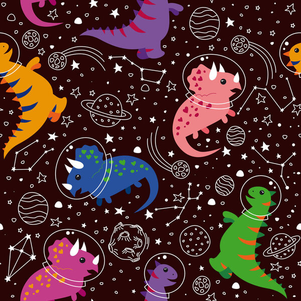 Cute dinosaurs in space. Space background with dinosaurs on a dark background for wrapping paper, for fabric.