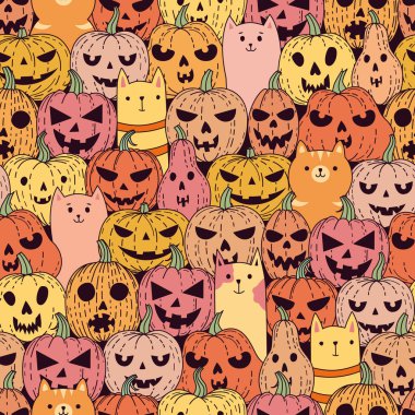 Kabaklı ve kedili desen. Cadılar Bayramı 'nda fener ve kedi desenleri. Kıyafet, duvar kağıdı, Cadılar Bayramı için dekor.