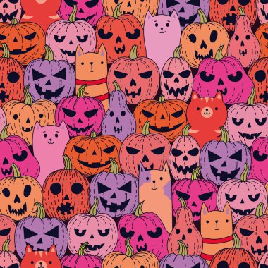 Kabaklı ve kedili desen. Cadılar Bayramı 'nda fener ve kedi desenleri. Kıyafet, duvar kağıdı, Cadılar Bayramı için dekor.