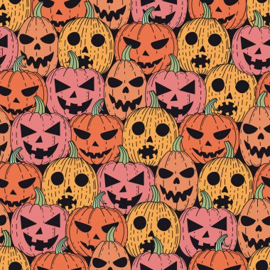 Balkabağı desenli. Cadılar Bayramı için renkli balkabakları. Giysi, ambalaj, dekor deseni.